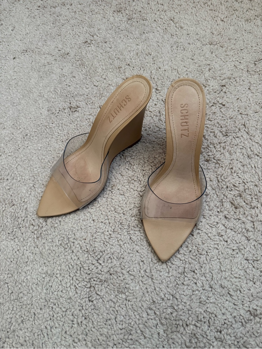 Schutz Beige Clear Strap Pointed-Toe Wedge Mules, women’s size 7